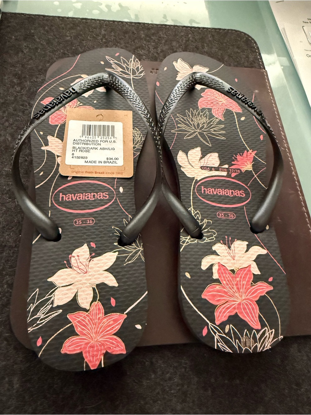 Havaianas Black Flip Flops with Pink & Cream Floral Print